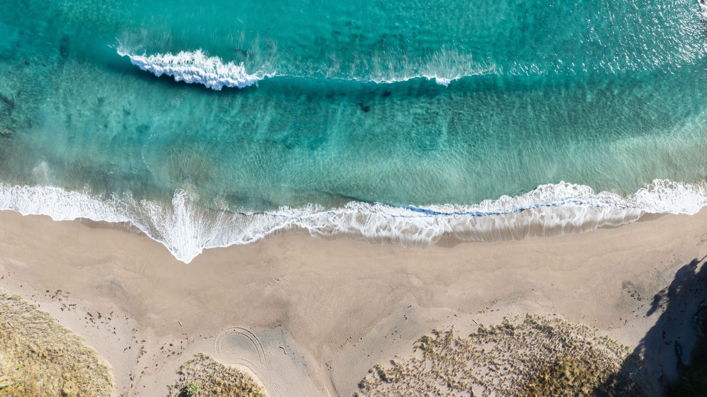 Aerial top-down of turquoise sea meeting pristine sand
