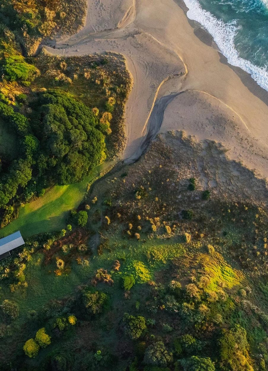 Aerial view of the Beach Lodge and boatsheds