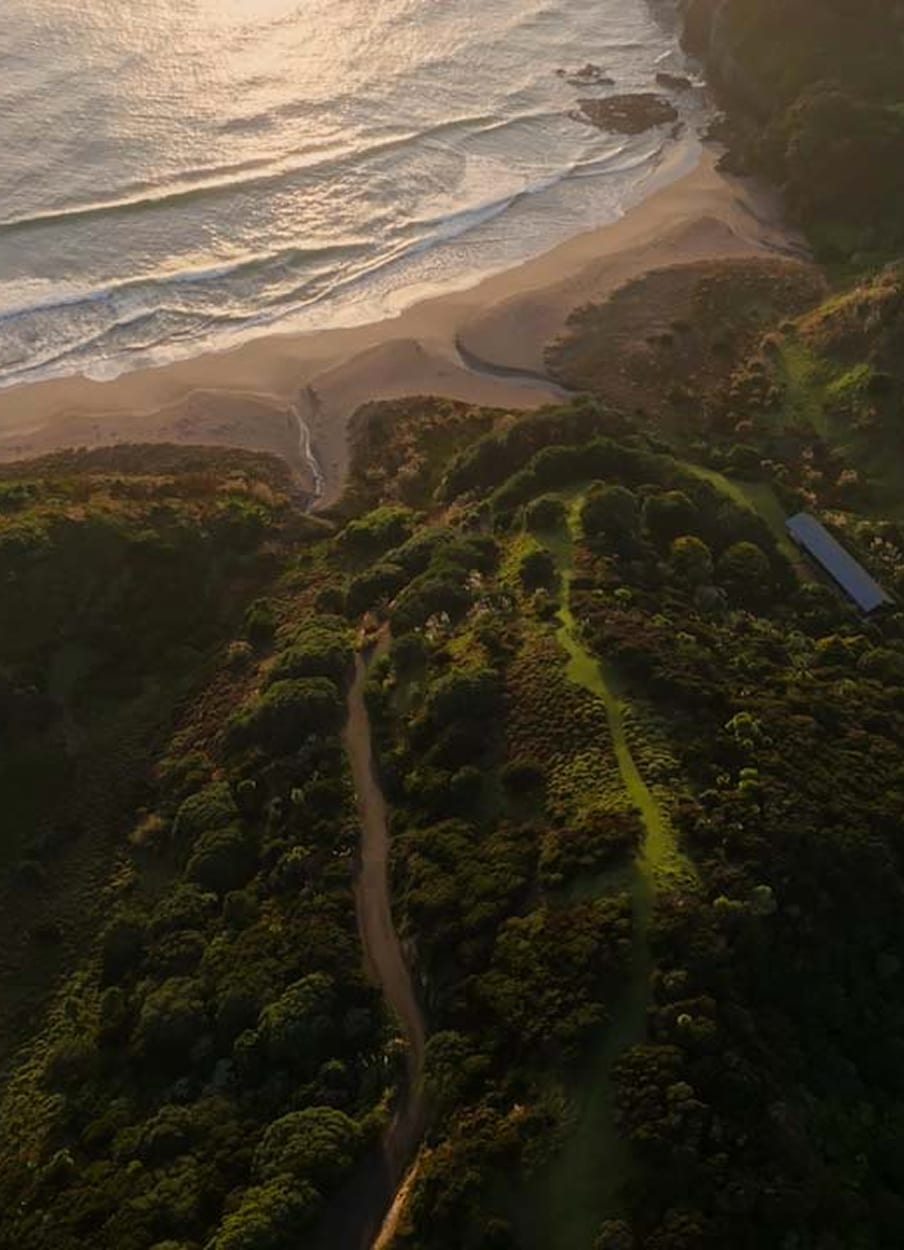 Aerial of Beach Lodge in native bush above Mataka Beach at golden hour