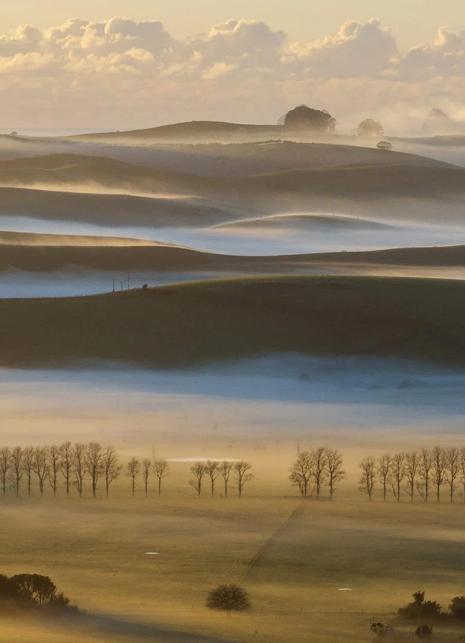 Morning mist rolling through the valley at golden hour