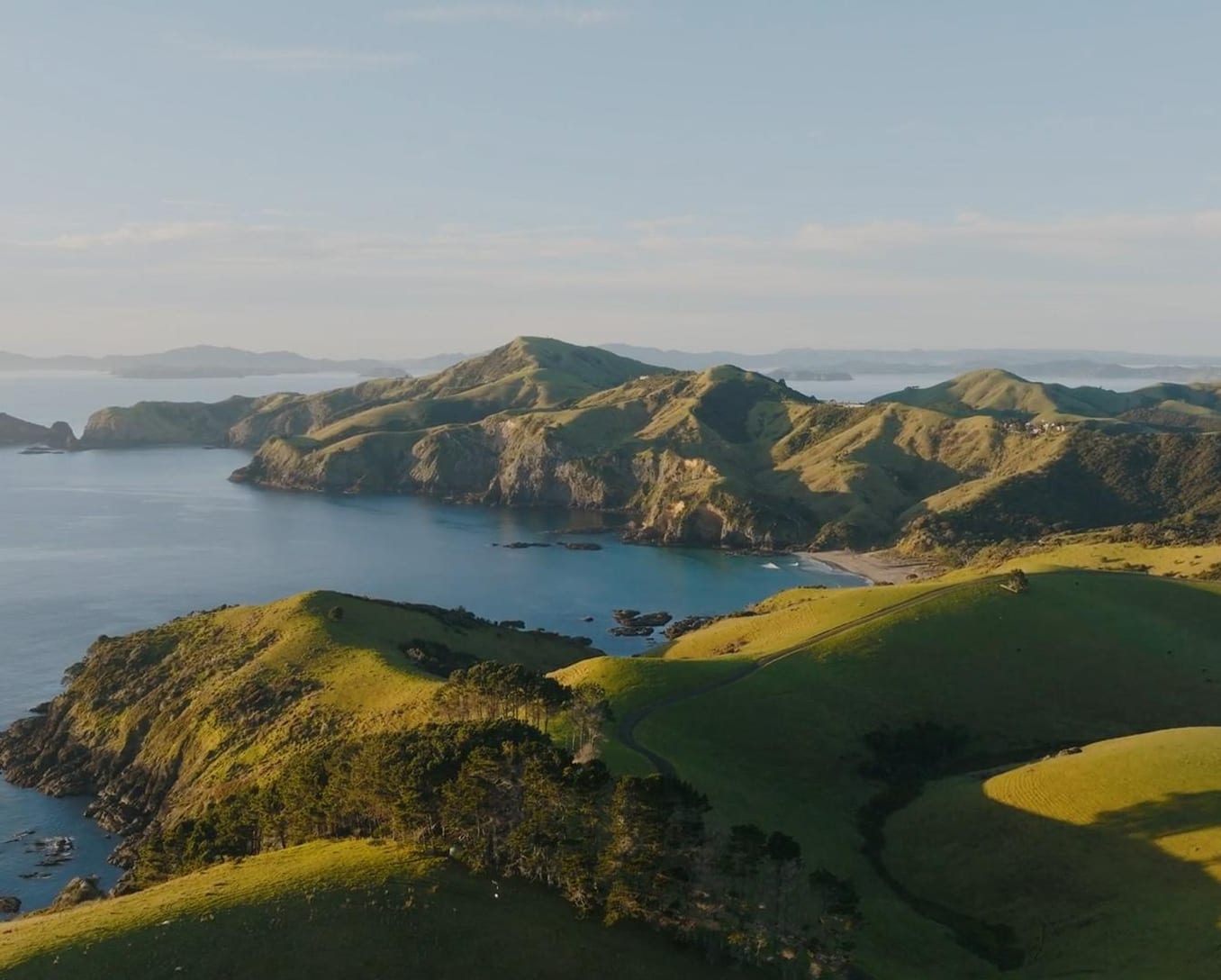 Mataka Station aerial — Purerua Peninsula meeting the Bay of Islands