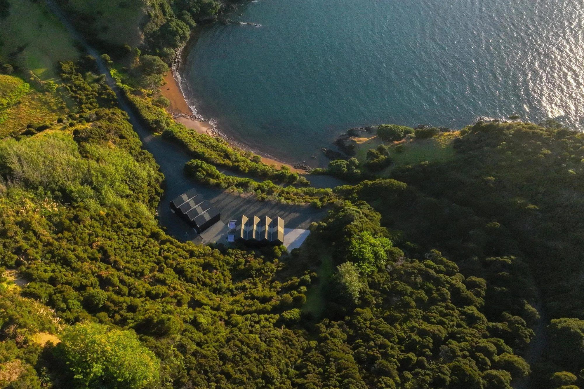 Whale Bay boatsheds and ramp from above