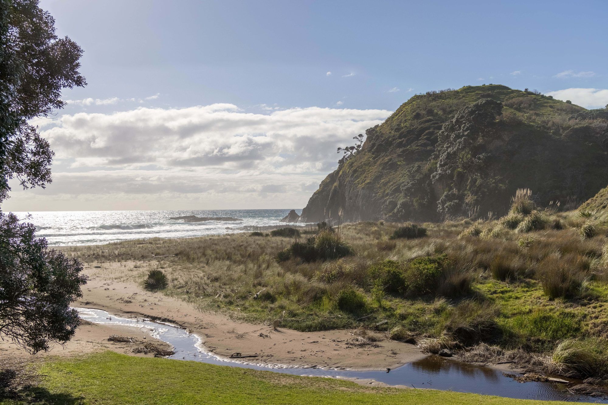 Stream meeting the sea below a Mataka headland