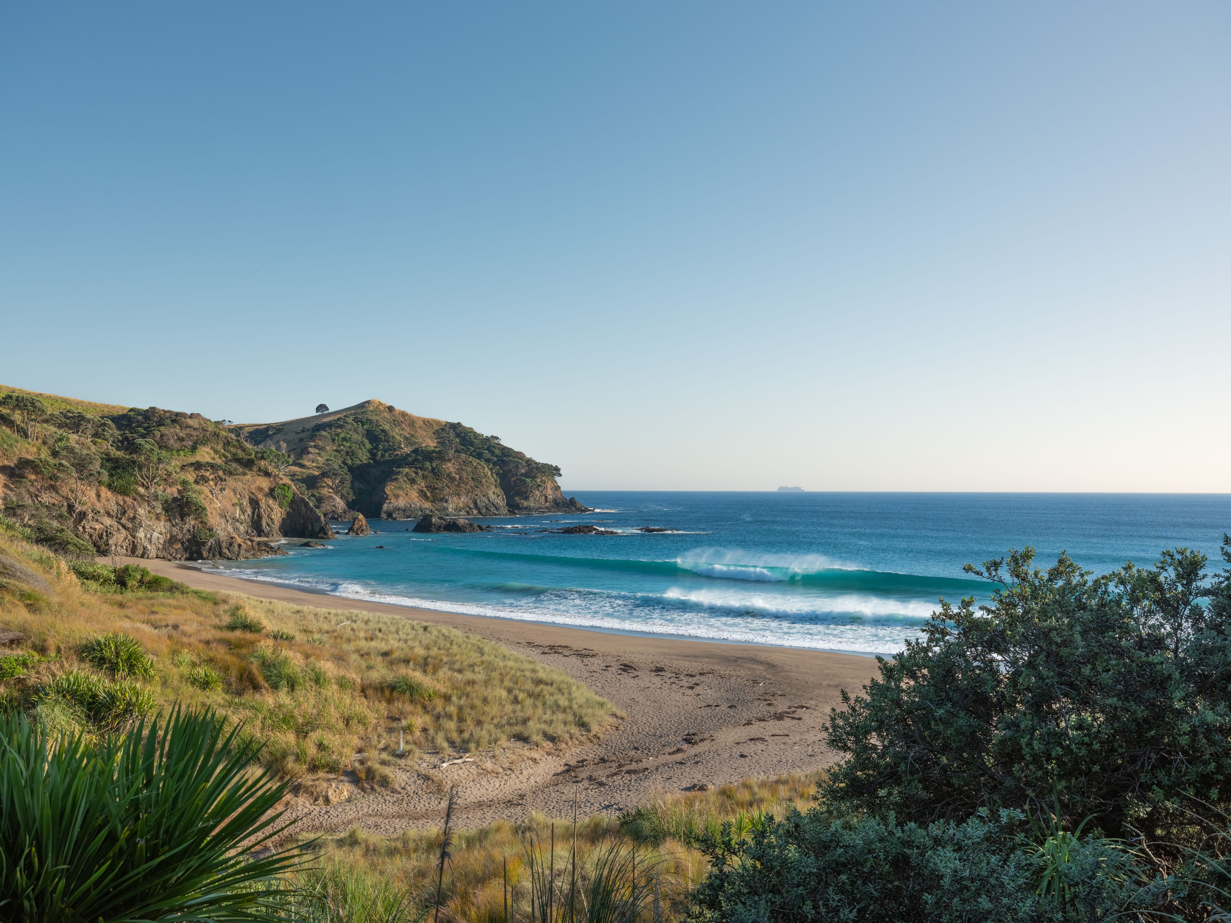 Surf rolling into a sheltered Mataka cove below native headland